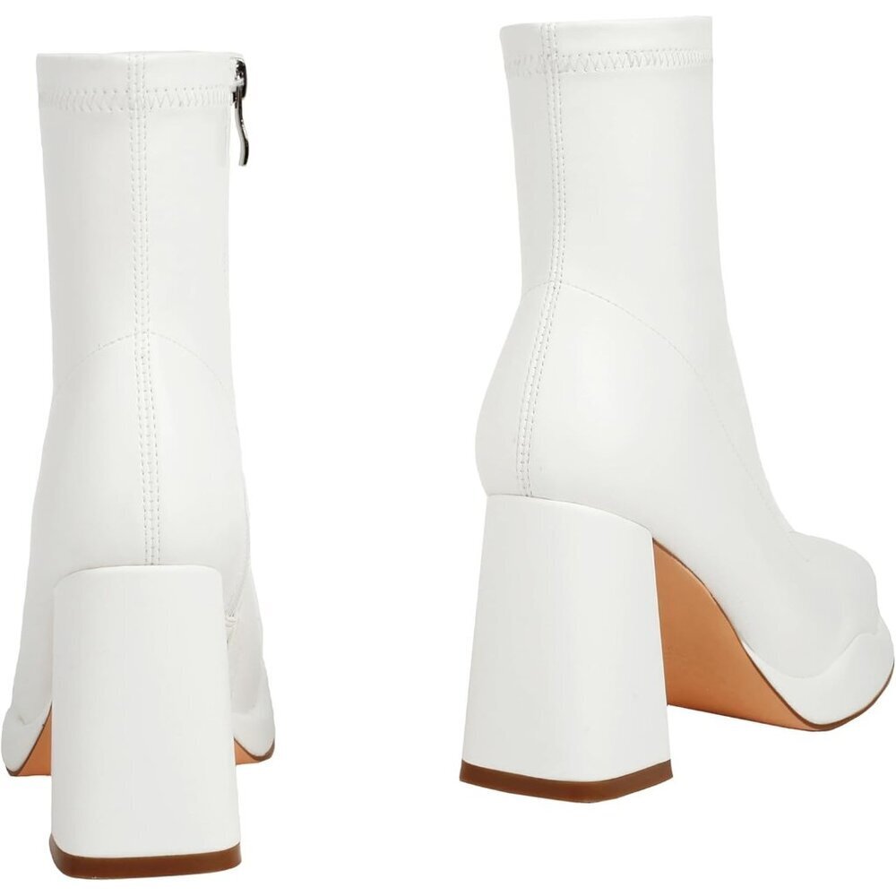 Women's White Chunky Heel Ankle Boots Square Toe Mid Calf Side Zippers Boots - Picture 7 of 9